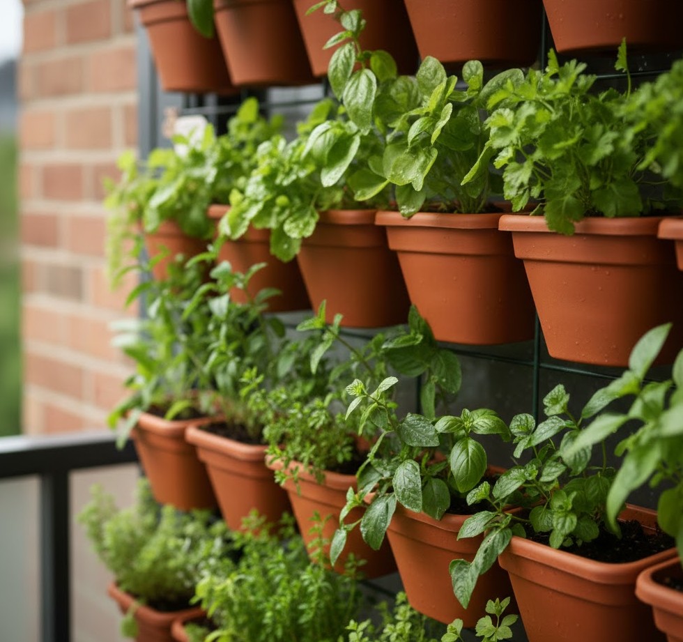 Fresh herbs growing vertically