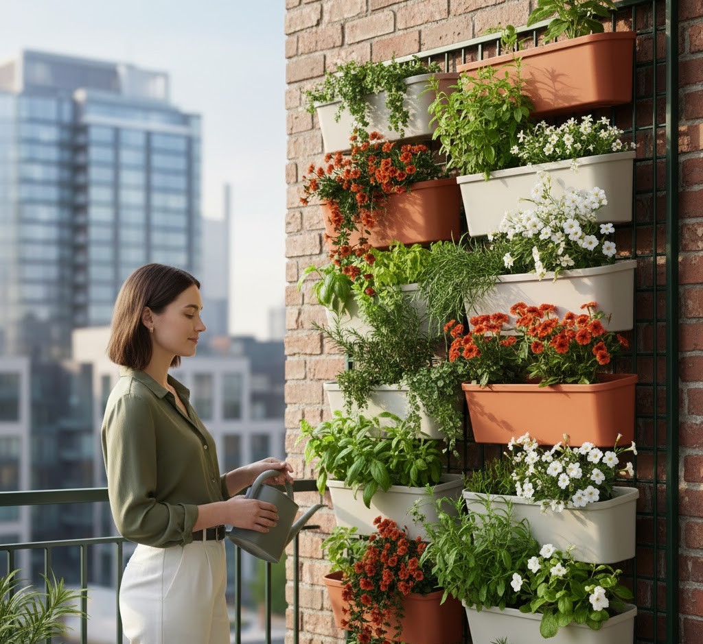 Vertical garden on modern balcony